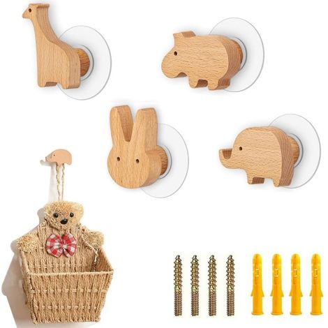 4 Pièces Crochets Muraux Enfant, Porte Manteau Mural Bois en Forme d'Animal Pour Armoire, Cuisine, Salle De Bains, Chambre (1/5)