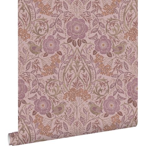 papier peint fleurs et oiseaux vieux rose et violet - ESTAhome (1/5)