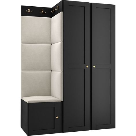 Meuble d'entrée Hartford 379, Noir, 186x116x46cm, MDF, Stratifié, Tissu, Murale, À poser