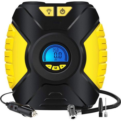 Gonfiatore elettrico per pneumatici auto, mini compressore 12V, pompa portatile per auto e biciclette con manometro, adattatori per valvole e luce LED.