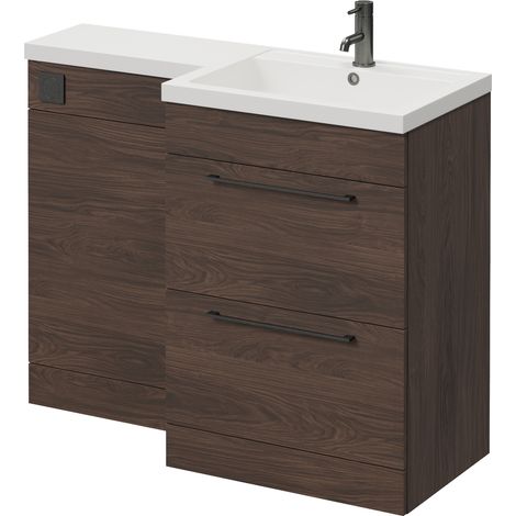 Napoli 460 Brown Oak 1100mm 2 Drawer Vanity Unit Toilet Suite with Right Hand Square Lucia Basin - 1100mm - Gunmetal Grey 320mm HandleWithout Kingston Toilet Pan
