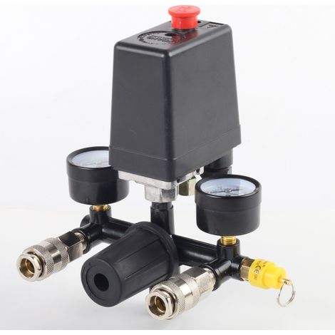 Valvola di regolazione della pressione con pressostato – Max. 8 bar – Doppio manometro – Valvola di sicurezza integrata Gruppo di montaggio Bama con pressostato automatico (90–120 PSI)