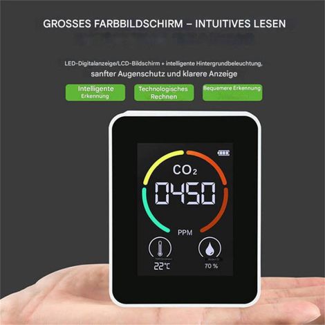 Détecteur portable de CO2, moniteur de dioxyde de carbone, détecteur de formaldéhyde, capteur multifonction pour mesure de la qualité de l'air intérieur (1/5)