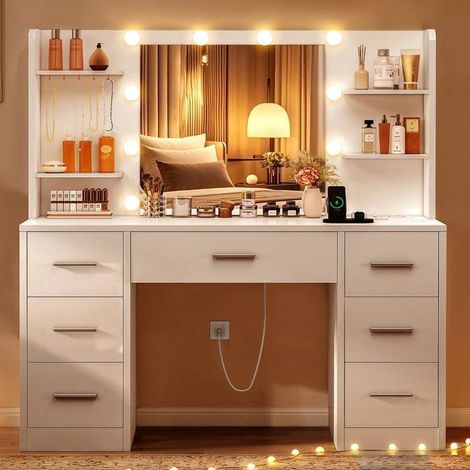 Friseuse - 107 × 40 × 140 cm - Tricolor LED-Spiegel - 7 Schubladen - Ladestation (1/5)