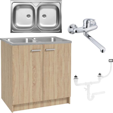Meuble de cuisine - 80 cm - Chêne Sonoma - Évier double - Robinet mural inclus (1/5)