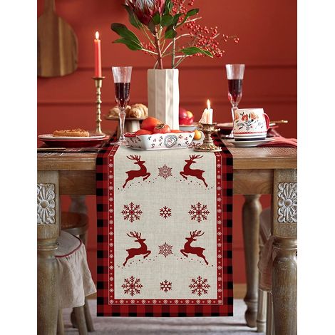 1 Chemin de table, flocons de neige, rennes, polyester, lavable, salle à manger, cuisine (1/5)