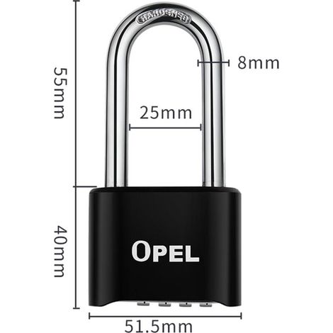 Cadenas à Combinaison 4 Chiffres Étanche Extérieur Robuste Antivol 52mm Loquet 8mm Noir Faisceau Long 50mm (1/4)