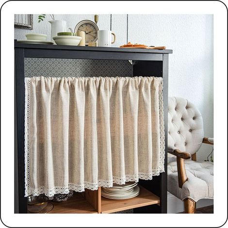 Rideau court opaque style bistro, rideau bohème en coton et lin avec pompons, idéal pour la cuisine, le salon ou la chambre, 1 pièce, L 150 x H 60 cm (1/5)