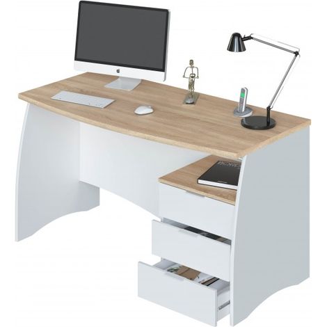 Abitare – Bureau droit 136x67x74 cm avec caisson et 3 tiroirs blanc mat et chêne – Plan de travail spacieux – Structure en panneau de particules mélaminé (1/5)