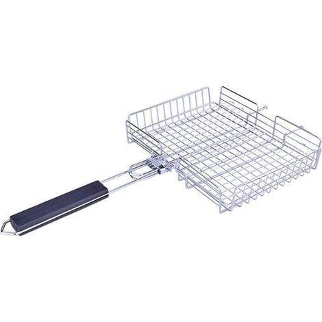 Zusammenklappbarer Grillkorb aus Edelstahl mit abnehmbarem Griff und Verriegelungsmechanismus für sicheres, mobiles Kochen. (1/4)