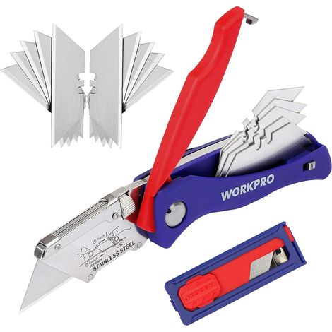 WORKPRO Cutter Professionnel Pliant avec Mécanisme de Changement Rapide, 5 Lames Trapèzes Supplémentaires dans Poignée, et 10 Lames dans Etui pour la Coupe de Moquette, Cuir, PVC, Carton, Papier (1/5)