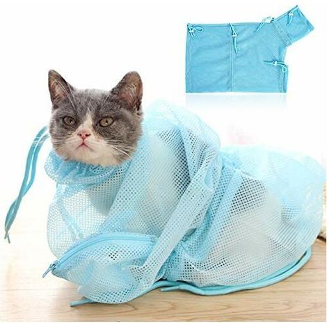 Sac Toilettage Chat Cat Grooming Bag Sac Lavage Animal de Compagnie Maille Filet Sachet de Bain Nettoyage Retenue Sac (Bleu) (1/5)