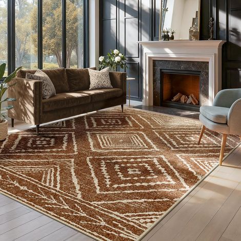 JSSEVN - Alfombra lavable a máquina para salón, 120x180 cm, antideslizante, estilo marroquí, ideal para salón, pasillo, dormitorio y cocina. Color marrón y amarillo. (1/5)