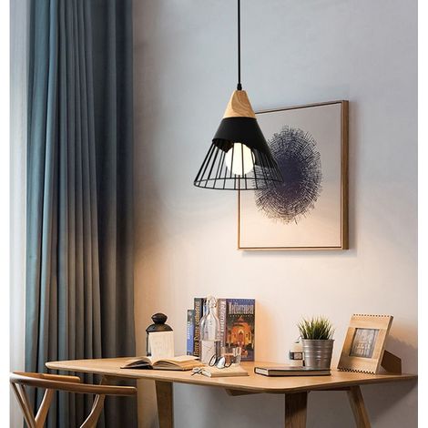 Industriel Lustre Suspension Créatif Abat-jour Ø25cm en Forme Badminton en Métal et Bois Plafonnier Lampe E27 pour Chambre Salon Cuisine Noir (1/5)