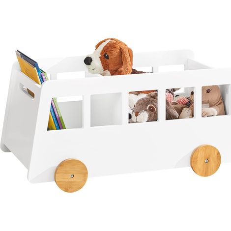 Sobuy – Bibliothèque enfant KMB41W – Organisateur jouets et livres – 2 compartiments – Roues en bambou pour sol – Dimensions L68 x P43 x H33 cm (1/5)