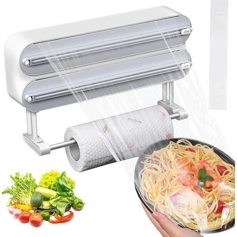 1 Dérouleur Film Alimentaire Magnétique 3 En 1 Support Papier Aluminium Essuie Tout Cuisine Gris (1/5)
