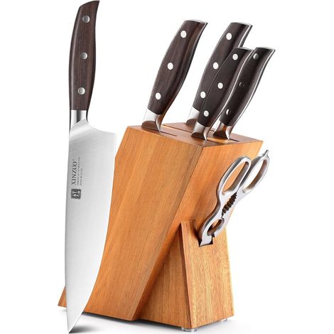 7 Piece Kitchen Knife Set with Wooden Block, Stainless Steel 1.4116 German Set Kitchen Knives, Multifunctional Kitchen Scissors, Professional Chef Knives (1/5)