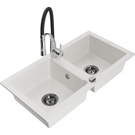 Mexen Mario fregadero de granito de 2 compartimentos con grifo de cocina Aster, blanco - 6504-20-73450-07-B (1/5)