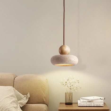 Suspension wabi-sabi - pierre naturelle avec trou jaune - bois massif - pour la chambre