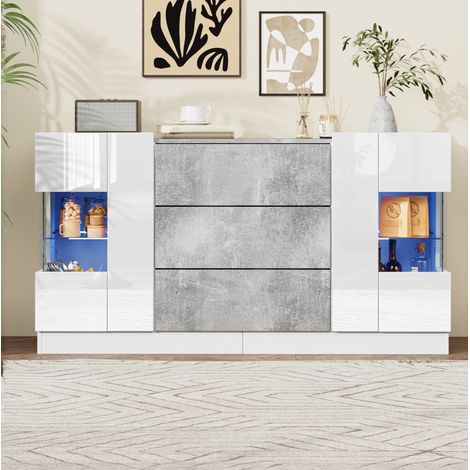 Credenza in MDF e vetro bianca effetto marmo grigio, 140 x 35 x 75 cm, 2 ante, 3 cassetti, LED 16 colori (1/5)