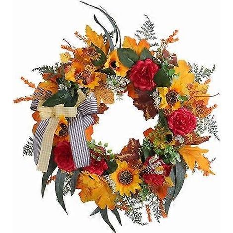 Couronne décorative pour la fête des récoltes d'automne, feuilles d'érable artificielles, tournesols, ornement en plastique pour porte d'entrée, mariage, fête. Fleurs pour la décoration de la porte d' (1/5)