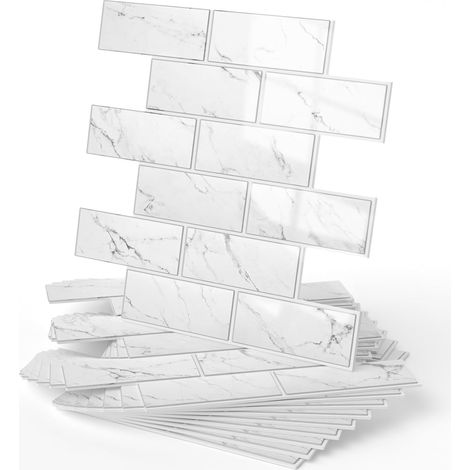 Carrelage Mural 3D Autocollant, Lot de 10 Panneaux Muraux en Mousse PVC avec Film Aluminium, Imperméable pour Cuisine et Salle de Bain, Effet Brique Marbre Blanc (1/5)