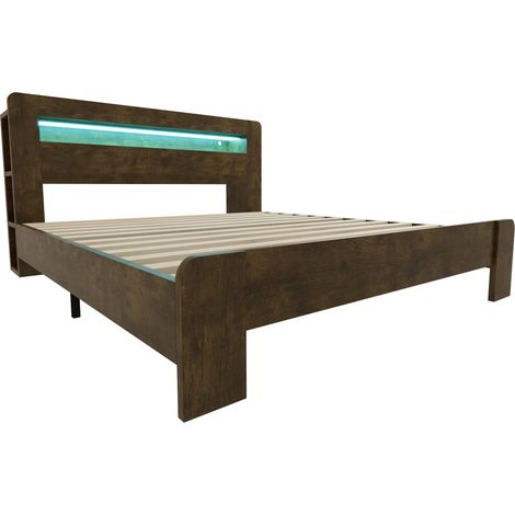 Holzbett 180 x 200 cm mit Stauraum-Kopfteil, LED und Steckdosen, Vintage-Optik (1/5)