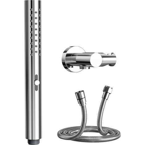 Pommeau de Douche,Avec deux modes de jet (pluie et grand débit),Buse en silicone facile d'entretien,Forme ronde Pommeau Douche Anti Calcaire,Chrome,Pomme de douche à main + flexible + support (1/5)