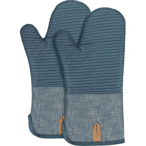Set mit 2 extra langen Baumwoll-Ofenhandschuhen mit Silikonstreifen, zum Backen und Grillen, blau