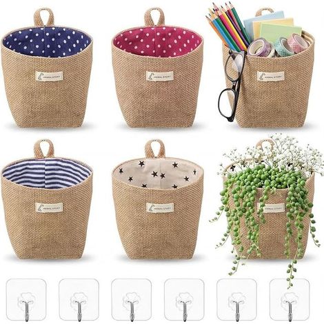 Cotton and Linen Hanging Storage Bags Foldable Storage Basket with Hooks Storage Baskets Wall Organizer Toys, Makeup, Keys and Small Objects (1/5)