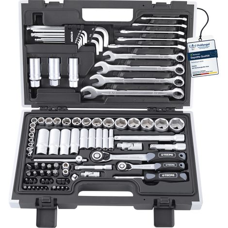 TECPO Zoll Steckschlüssel Satz 92-teilig Werkzeugkoffer mit Ringschlüssel und Maulschlüssel, Ratsche mit Nuss-Set Verlängerung Adapter, Innensechskant-Schlüssel, Ratschenkasten, Zöllig, Knarrenkasten