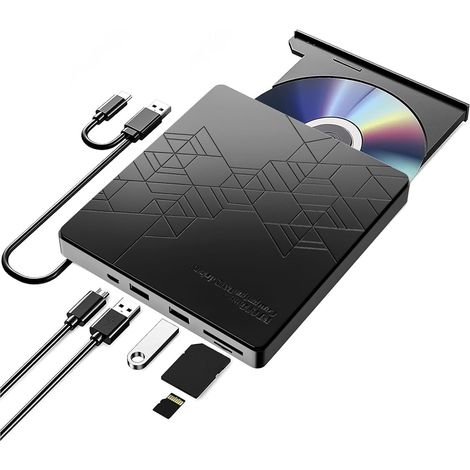 Grabadora CD/DVD Externa USB 3.0,Disquetera Externa USB CD/DVD-RW ROM, Reproductor de CD con Tarjetas SD TF Lector Player DVD Externo para Windows XP / 2003 / Vista /7 /8.1 /10,Linux,Mac OS system (1/5)