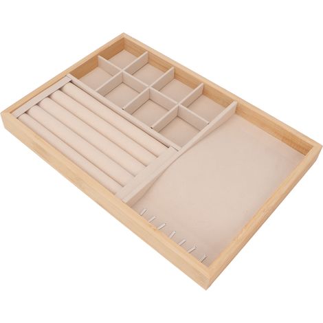 Plateau de présentation multifonctionnel pour tiroir à bijoux, bagues, boucles d'oreilles, bracelets et colliers (beige) (1/5)