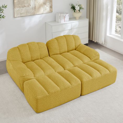 Canapé modulaire 2 places, Canapé d'angle en L sans cadre, forme de coque, 2 pouf, coussins d'assise profonds, aucun assemblage requis, velours, Jaune (1/5)