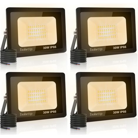 4PCS Projecteur LED Extérieur, 30W Spot LED Exterieur 3000LM 3500K Blanche Chaude Éclairage de Sécurité Extérieur IP66 Imperméable pour Garage Jardin Terrasse Parking