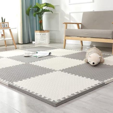 Tapis de sol en mousse blanc cendré, lot de 16 dalles 30x30x1,0cm, sans formaldéhyde, sans odeur, avec lisières incluses. (1/5)