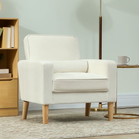 Butaca de Salón Tapizado en Terciopelo Sillón de Lectura con Asiento con Botones y Patas de Madera para Dormitorio Crema (1/5)
