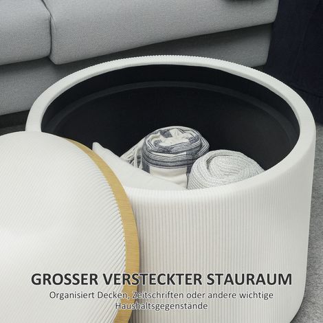 Pouf rond de rangement avec compartiment et repose-pieds, en velours côtelé et MDF, blanc crème