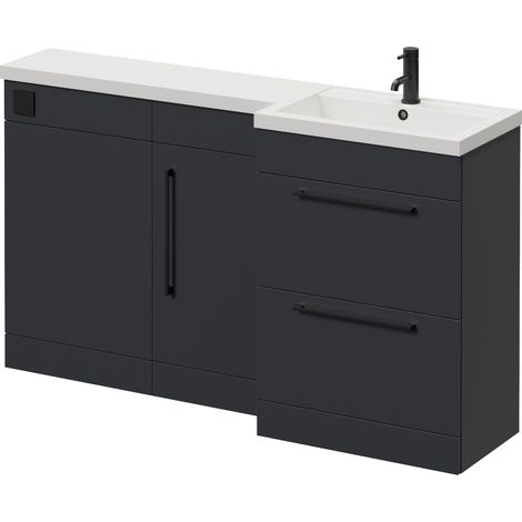 Napoli 390 Gloss Grey 1500mm 2 Drawer Vanity Unit Toilet Suite with Right Hand Square Lucia Basin - 1500mm - Matt Black 320mm HandleWithout Kingston Toilet Pan