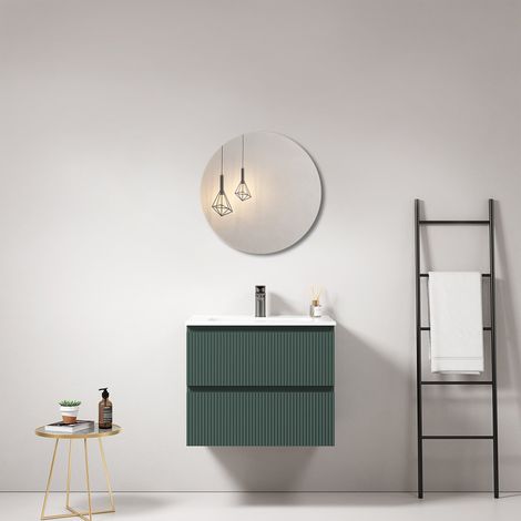 Mobile bagno sospeso cannettato 60 cm Verde Comodoro Lavabo in Ceramica Specchio Tondo - Fiji Paint