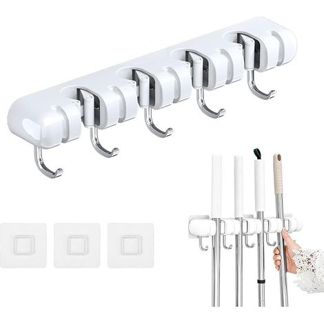 Accroche Balai Mural, Porte Balais Mural, Support Balais Mural sans Percage, 4 Supports et 5 Crochets, Porte Outils Mural pour Salle de Bain, Garage, Outils de Jardinage, Cuisine, Blanc (1/5)