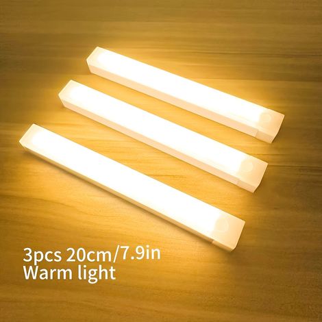 Luci per armadietti da 20 cm (confezione da 3), striscia luminosa per armadietti con sensore di movimento, luce sottopensile, luce LED per cucina, ricaricabile, adatta per armadi, cucine, scale, luce 