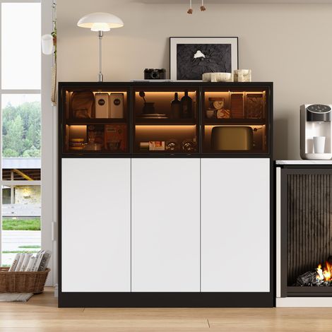MEUBLIV Buffet de rangement noir et blanc 100x40x105 cm avec éclairage, 6 portes (1/5)