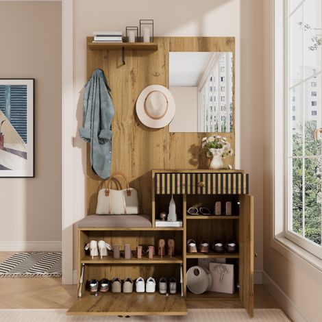 Meuble d'entrée 110x37x185.5 cm noir et décor bois en MDF avec miroir, assise rembourrée et rangements