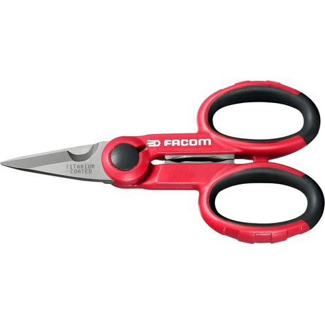 Facom – Ciseaux d'électricien bi-matière ergonomiques 143mm – Lames brunies avec coupe-fil – Pour travaux de coupe exigeants