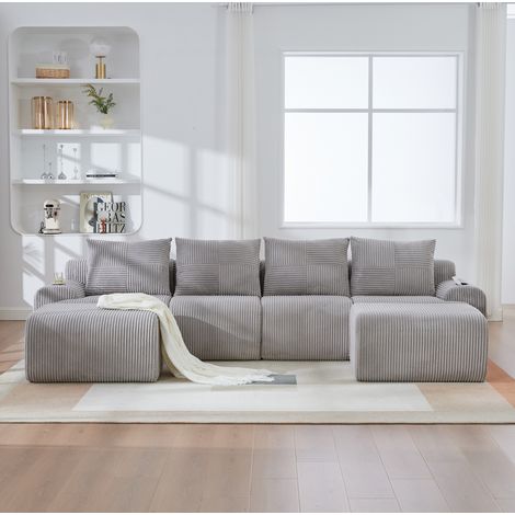 Sofá modular de tejido efecto cuerda para 4 personas, gris claro, con 2 pufs (1/5)