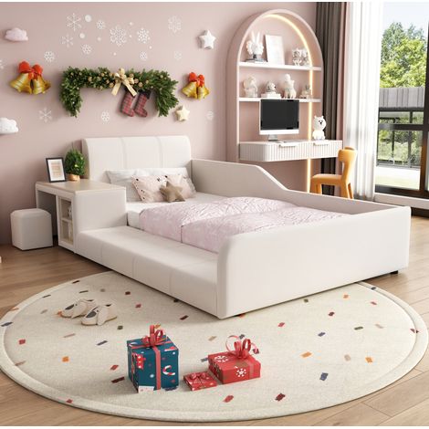 Letto imbottito per bambini 90x200 cm, con scrivania e sgabello, ripiano, in velluto bianco, senza materasso (1/5)