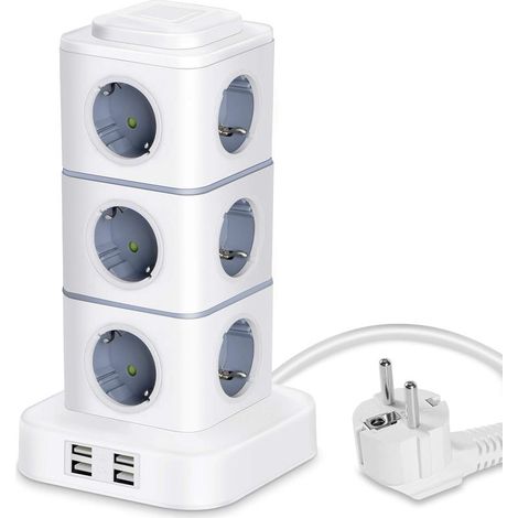 Multiprise verticale, 12 multiprises avec 4 ports USB, multiprise verticale avec protection contre les surtensions pour le bureau à domicile, câble d\\'extension de 3 m (2500 W/10 A) (1/5)