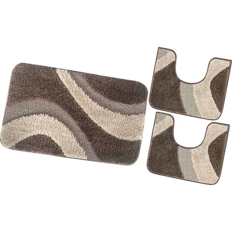 Tappeto Bagno Parure Set 3 Pezzi 100% Made in Italy Antiscivolo Shaggy 3D Moderno Assorbente - Marrone