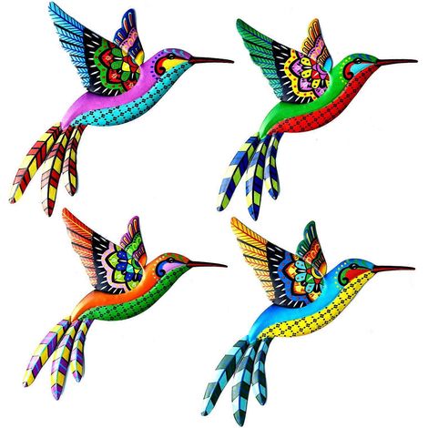 4-teiliges Wandbild aus Metall, Kolibri-Motiv, farbenfrohe Wanddekoration, bunte Vogelskulpturen zum Aufhängen für drinnen und draußen